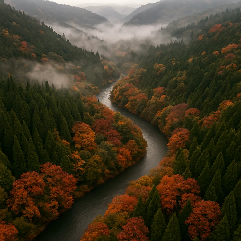 空撮・紅葉の渓谷を蛇行する川