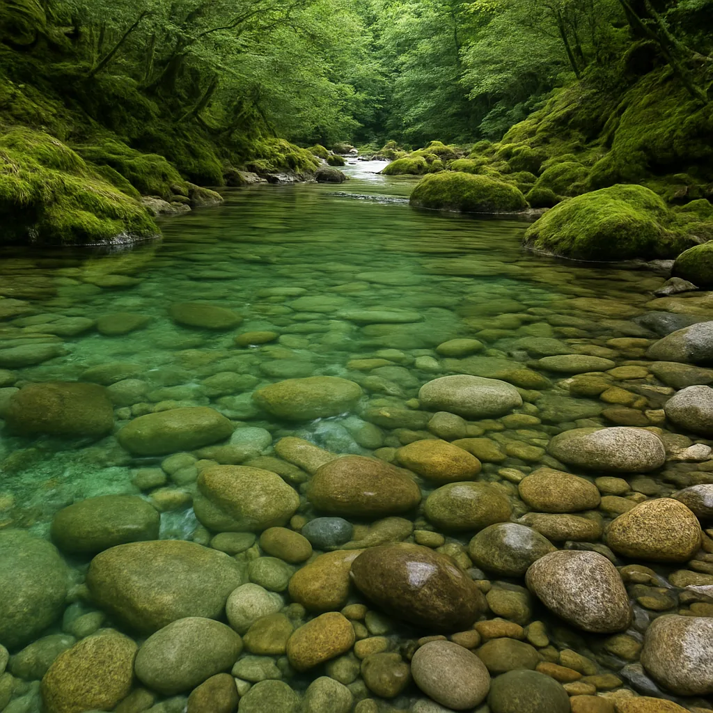 透明な山岳渓流と川底の石