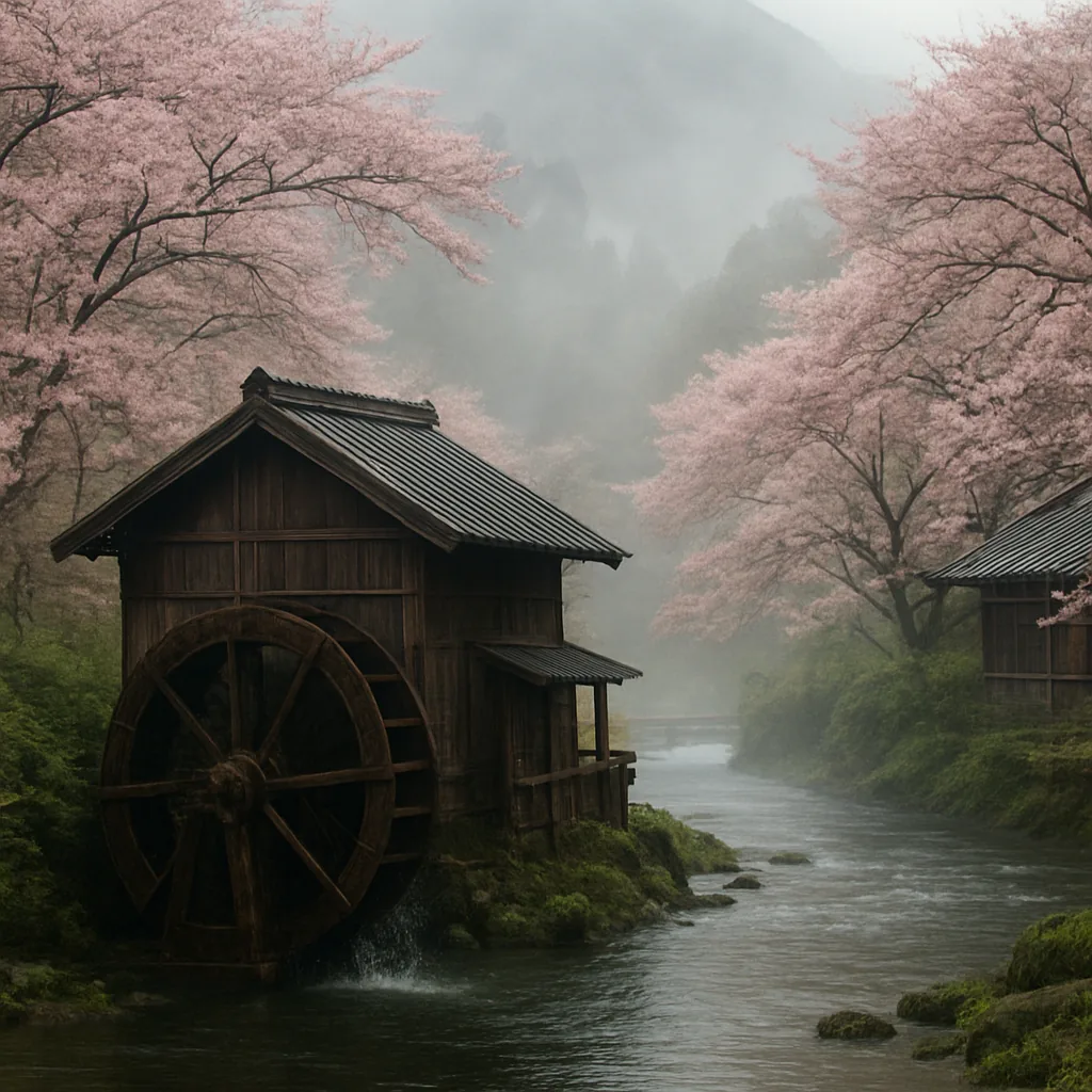 桜と川霧の伝統的水車小屋